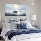 Large Wall Art for Living Room Bedroom Decor - Modern Nautical Beachy Ocean Beach Seascape Nature Artwork with Blue Boat Moon Lake Mountain Sea - Relaxing Serene Canvas Picture for Coastal Rustic Home