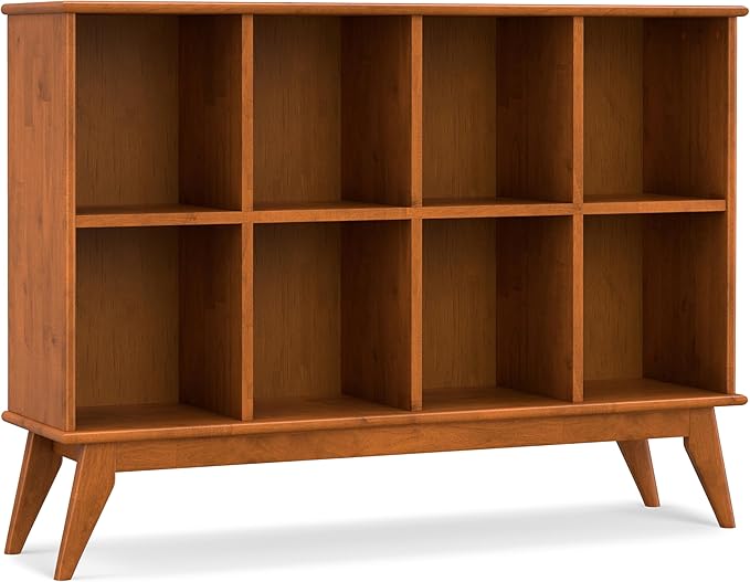 SIMPLIHOME Draper SOLID HARDWOOD 57 inch Wide Mid Century Modern 8 Cube Storage Sofa Table in Teak Brown for The Living Room, Study Room and Office