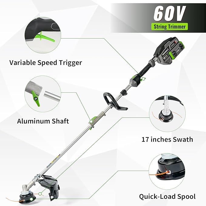60V Lithium Ion Cordless String Trimmer, 17 Inch Two Speed Brushless String Trimmer with 5.0Ah Battery and Charger