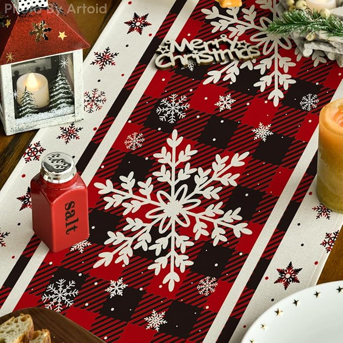 Artoid Mode Buffalo Plaid Snowflakes Christmas Table Runner, Seasonal Winter Kitchen Dining Table Decoration for Home Party Decor 13x108 Inch