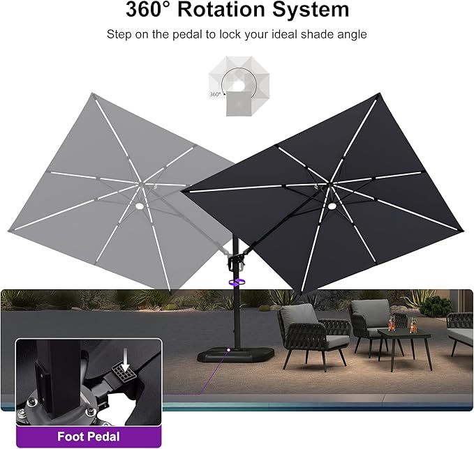 PURPLE LEAF 10 Feet Patio Umbrella Outdoor Cantilever Solar Powered LED Swivel Square Umbrella Aluminum Offset Umbrella with 360-degree Rotation for Garden Deck Pool Patio Light Grey