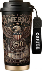 250th Anniversary Coffee Mug, 18 oz Insulated Mug, 250 Years America Garden Flag, Vintage Patriotic Design with 1776-2026 Dates, Military Anniversaries, Retirement & Holiday Commemorative Gift, Black