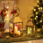 NUPTIO Gold Lanterns Decorative for Wedding: 11.3 Inch Tall Metal Lantern Decor with Glass - Outdoor Candle Holder for Table Centerpiece Dining Room Mantel Patio