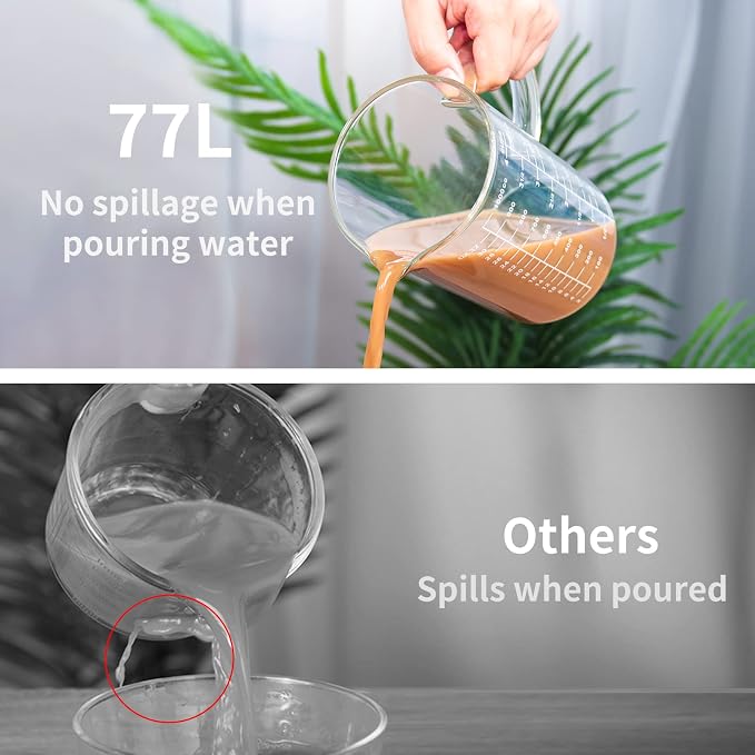 77L Glass Measuring Cup, [Insulated handle, V-Shaped Spout], High Borosilicate Glass Measuring Cup for Kitchen or Restaurant, Easy To Read, 1000 ML (1 Liter, 4 Cup)