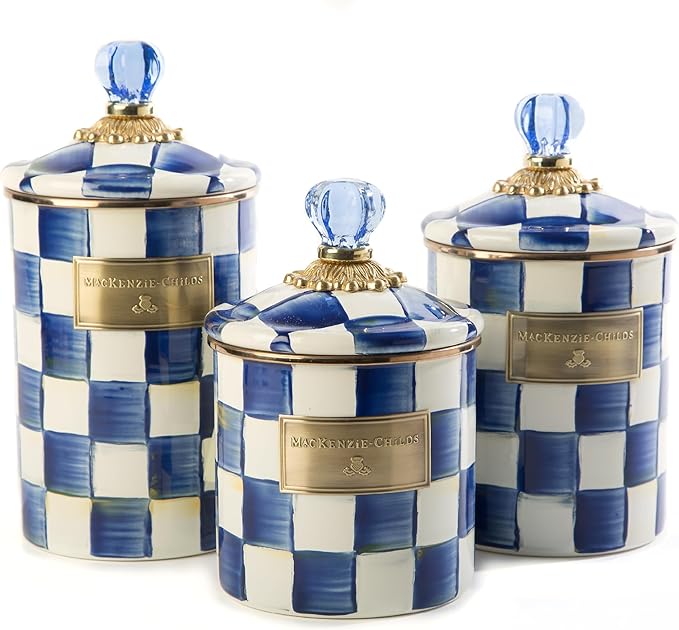 MACKENZIE-CHILDS Enamel Canister Set, Small (38 oz.), Medium (48 oz.), and Large (64 oz.) Kitchen Containers, Blue-and-White Royal Check