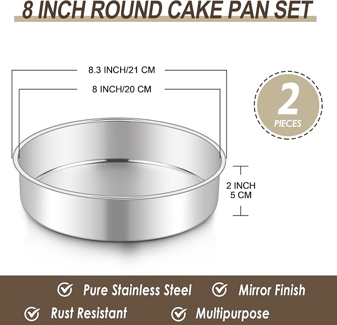 Homikit Round Cake Pan Set of 2, 8 Inch Stainless Steel Baking Layer Cake Pans, 2” Non Toxic Healthy Deep Nonstick Cake Tins, Leak-proof & Easy Releasing, Oven & Dishwasher Safe