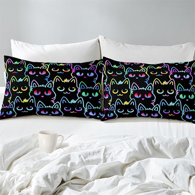 Cat Comforter Set for Girls Room - Colorful Cartoon Cats Bedding Set for Girls Bedroom Girls Room Decor Ultra Soft Cats Comforter Set for All-Season with 1 Comforter and 2 Pillowcases, Queen Size