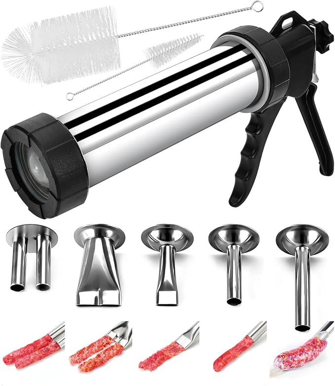 Jerky Gun for Ground Meat, 5 Stainless Nozzles, 1.5LBS | 2 Cleaning Brushes, Jerky Making Kit, Beef Jerky Gun Kits, Stainless Steel Sausage Stuffer Jerky Making Gun