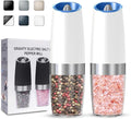 UNNEES Gravity Electric Salt and Pepper Grinder set of 2, Automatic Salt And Pepper Grinder Set, Adjustable Roughness, Battery Powered, LED Light, 2 Pack, (White)