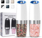 UNNEES Gravity Electric Salt and Pepper Grinder set of 2, Automatic Salt And Pepper Grinder Set, Adjustable Roughness, Battery Powered, LED Light, 2 Pack, (White)