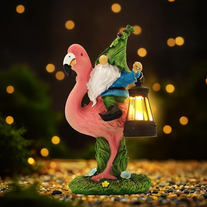 Gnomes Flamingo with Solar Lantern, Whimsical Decor for Garden, Yard, Patio, Lawn, LED Lights - Unique Gift for Women, Mom, Friends(Blue Gnomes)