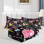 Floral Cat Comforter Full Size,Black Cats Comforter Set for Kids Teens Girls,3Pcs Bedding Set Printed Comforter with 2 Pillowcases,Down Alternative,Soft and Lightweight(Black，Full Size)