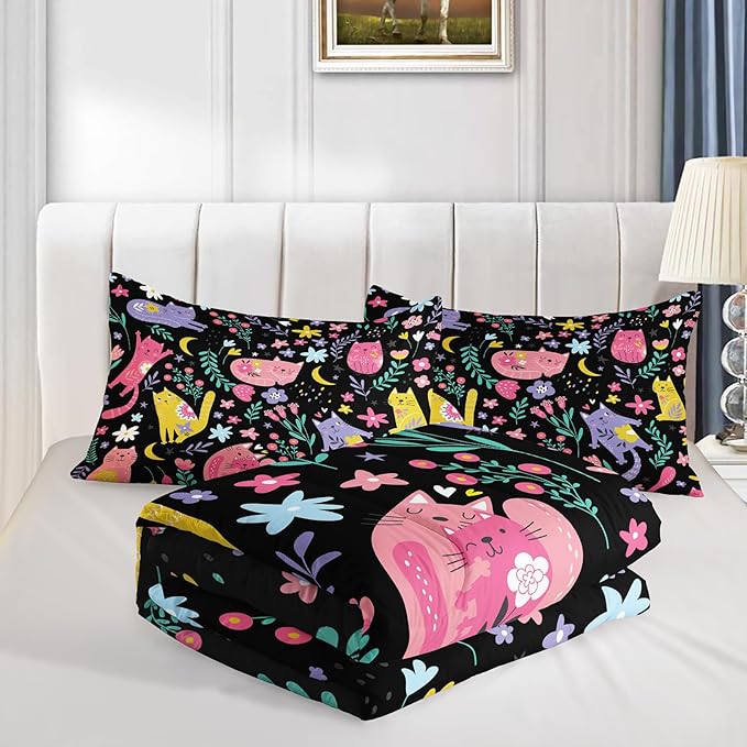 Floral Cat Comforter Full Size,Black Cats Comforter Set for Kids Teens Girls,3Pcs Bedding Set Printed Comforter with 2 Pillowcases,Down Alternative,Soft and Lightweight(Black，Full Size)