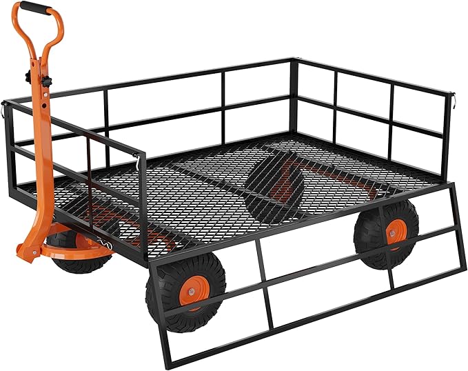 Versatile Garden Cart for Lawn and Yard with Heavy Duty Steel, 1200 Lbs Capacity Mesh Steel Garden Cart Folding Utility Wagon with Removable Side Panels, Long Handle, 10" Tires - Black and Orange