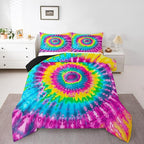 3 Piece Rainbow Tie Dye Comforter Set with 2 Pillowcases Boho Psychedelic Bedding Set for Kids Girls Teens Bohemian Gypsy Exotic Spiral Quilted Duvet Soft Comfy, Watercolor Art Down Comforter,Queen