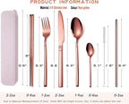 AARAINBOW 7 Pieces Stainless Steel Flatware Set Portable Reusable Cutlery Set Travel Utensils Set Including Chopsticks Knife Fork Spoon Straws Cleaning Brush Dishwasher Safe (Rose golden)