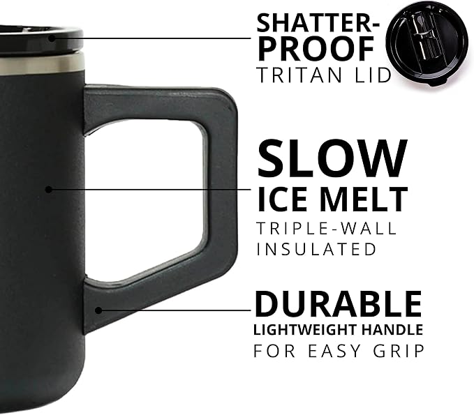 Elemental Insulated Coffee Mug - Triple-Wall Stainless Steel Summit Travel Cup for Hot and Cold Drinks - Thermal Coffee Mug with Lid and Handle for Camping, Office & Travel 12oz - Black