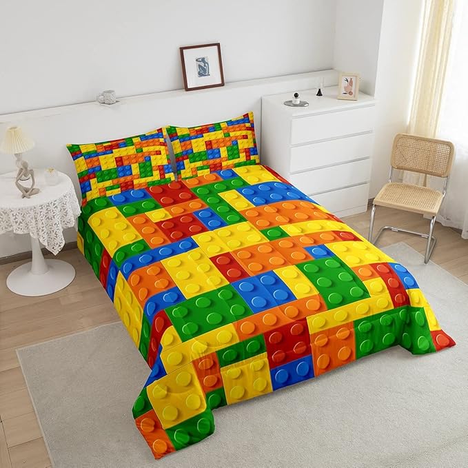 Feelyou Games Comforter Set Twin Size Building Blocks Bedding Set for Kids Boys Girls Colorful Geometric Toy Brick Comforter Gaming Nursery Quilt Duvet Set with 1 Pillowcase Boys