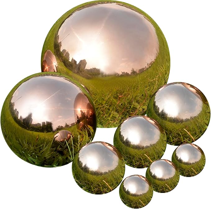 Nerien Gazing Ball, Stainless Steel Garden Mirror Globe, Polished Ornament Sphere, Hollow Floating Reflective Hemisphere, for Home Outdoor Pond Housewarming Swimming Pool Decoration, Rose Gold, 8Pcs