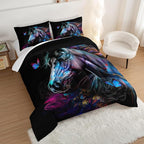 HOSIMA 3 Pieces Art Horse Comforter with 2 Pillowcases,Wildlife Horse Butterfly Black Comforter Set Boys Teens Aesthetic Room Decor,Animal Bedding King Size Comforter Set for adults.