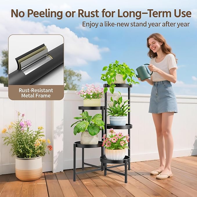 LASZOLA 5 Tiered Folding Plant Stand Indoor for Multiple Large Planter, Tall Heavy Duty Adjustable Rack with Rust Proof 10 Inch Wide Tray, Sturdy Vertical Tree Organizer for Narrow Inside Floor, Black