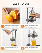 CO-Z Manual Citrus Juicer, Heavy-Duty Manual Juicer with Conical & Flat Pressure Plates, Professional Lemon Squeezer for Orange Pom Lime Lemon Juice, Dishwasher Safe Orange Juice Press, Gray