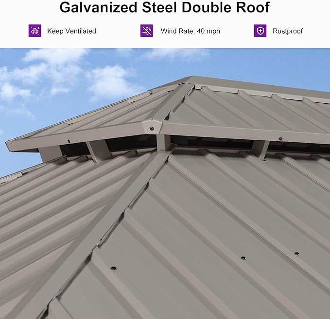 PURPLE LEAF 10' x 14' Outdoor Hardtop Gazebo, Champagne Aluminum Gazebo with Galvanized Steel Double Roof, Curtains and Netting for Patio Lawn and Garden