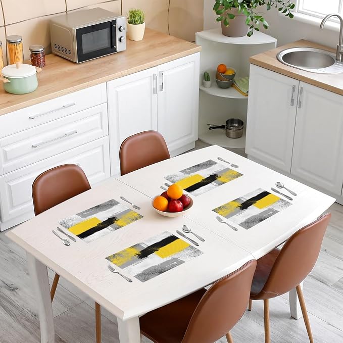 Feelyou Yellow Black Grey White Placemats Set of 4 for Kids Boys Girls Abstract Placemat for Kitchen Dining Table Decor Indoor Outdoor 18"x12" Ombre Modern Table Place Mats, Decor Buffalo Check
