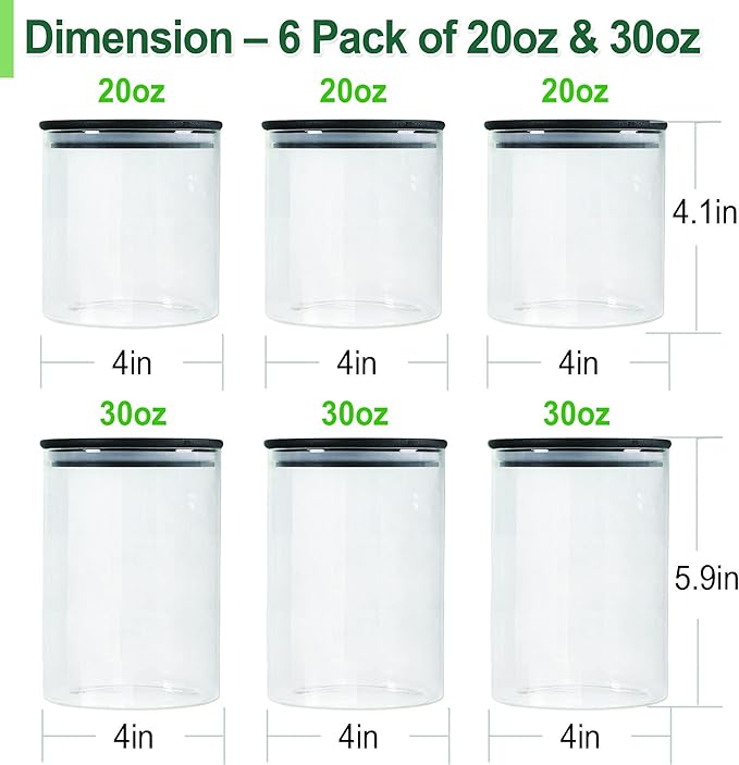 Urban Green Glass Jars with Black Bamboo Lids, Food Storage Containers with Airtight Black Lids, Glass Kitchen Canisters Sets (3 pack of 20oz + 3 pack of 30oz)