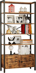 IRONCK Bookshelf and Bookcase with Adjustable 5 Shelves, 70" H x 31.5" W Wide Bookshelves with Door and Wheels, Vintage Brown