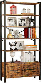 IRONCK Bookshelf and Bookcase with Adjustable 5 Shelves, 70" H x 31.5" W Wide Bookshelves with Door and Wheels, Vintage Brown