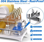 Godboat 2-Tier Dish Drying Rack - 304 Stainless Steel Dish Rack Auto Drain | Dish Racks for Kitchen Counter, Dish Drainer with Knife Fork & Cup Rack, Gifts for Women, Mothers Day, Kitchen Gadget, Silver