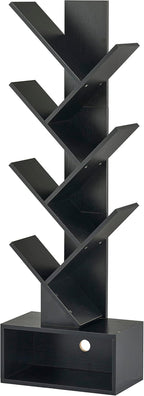 Hoctieon 6 Tier Tree Bookshelf, Tall Bookcase with Drawer, Freestanding Book shelf, Display Floor Standing Storage Shelf, Book Organizer Shelves for Home Office, Living Room, Bedroom, Black