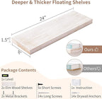 Axeman Floating Shelves for Wall, 24''W x 8''D Rustic Solid Elm Wood Wall Shelves for Storage, Wall Mounted Display Shelving with Invisible Heavy-Duty Metal Bracket (White Wash, 2PCs)