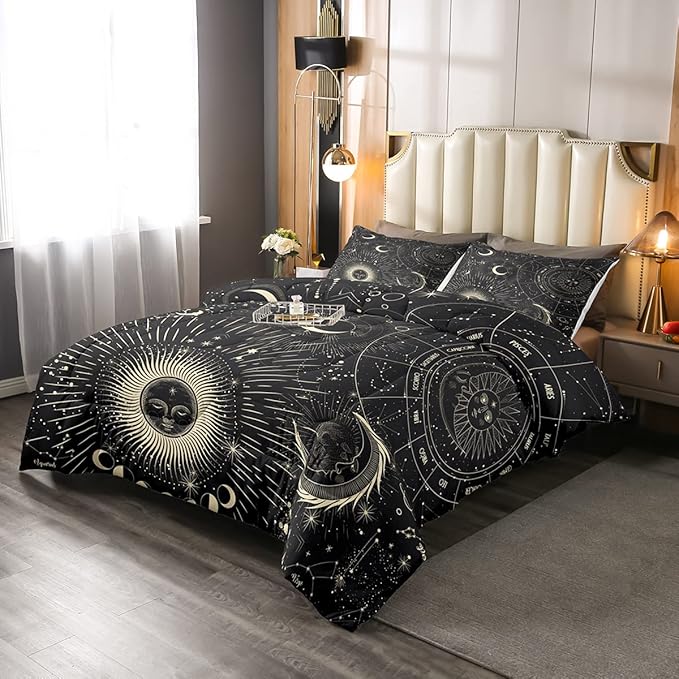 Erosebridal Bohemian Sun Moon Comforter Set Twin Size, Constellation Down Comforter, Starry Sky Quilted Duvet, Exotic Style Black Room Decor Duvet Insert,Super Soft Breathable