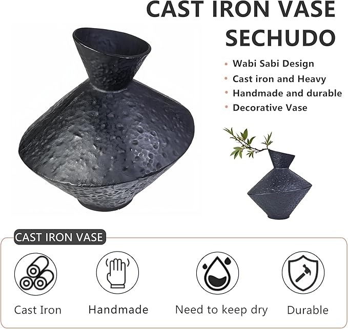 Cast Iron Decorative Vase, Dried Flower Rustic Vases, Wabi Sabi Vase for Modern Home Decor, Living Room, Shelf Decor, Enterway, Wedding, Office, Table, Bedroom, Kitchen, 8.86" H (Black)