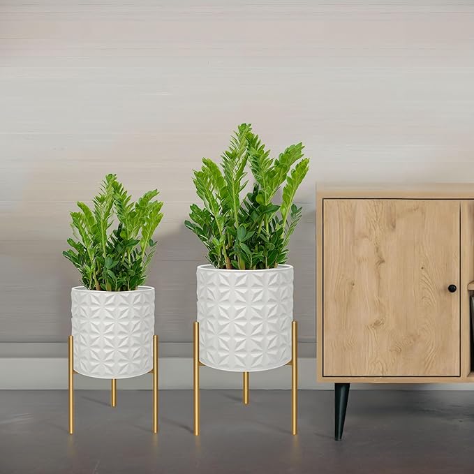 ARNIS Modern Planter Pots, Set of 2 Large Planters with Stand, Decorative Planters, Metal Pots with Drainage Holes for Living Room, Office, Garden or Balcony, 10.5 &12.25 Inch, Matte White