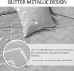 Grey and Silver Comforter Set Twin Size Metallic Print Geometric Bedding Set Lightweight Microfiber Comforter for Teen Girls Boys Women (1 Pillow Sham + 1 Decorative Pillow Sham)