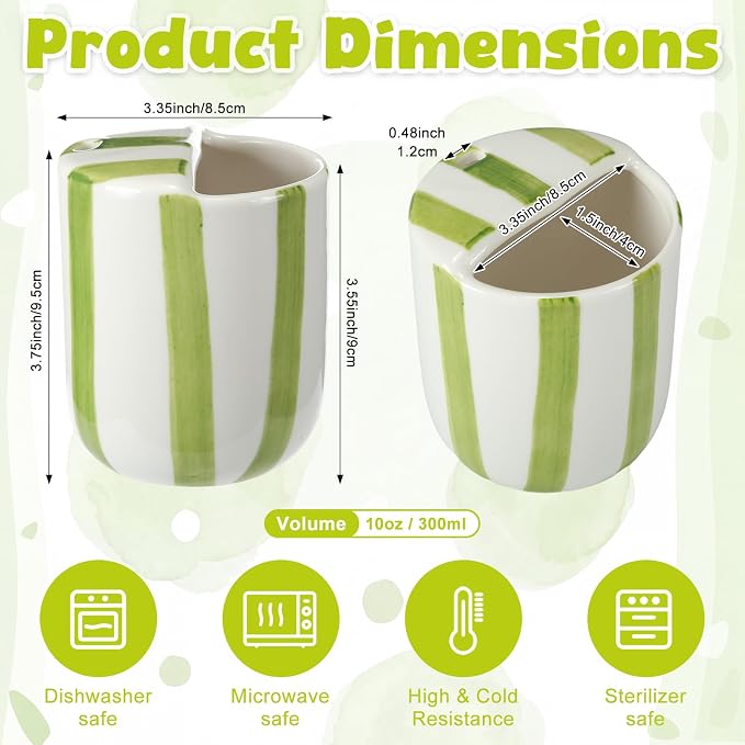 Ceramic Mug with Sip Hole 10 oz Novelty Green Striped Ceramic Coffee Mug Hand Painted Travel Mugs Heat Resistant Non Slip Built in One Lid Handcraft Mugs for Coffee Lovers Appreciation Gift