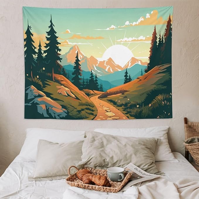 HZOHNAGO Mountain Tapestry Forest Mountain Sunrise Road Pattern Printed Wall Tapestry Wall Hanging for Bedroom Living Room Dorm 80" W x 60" H