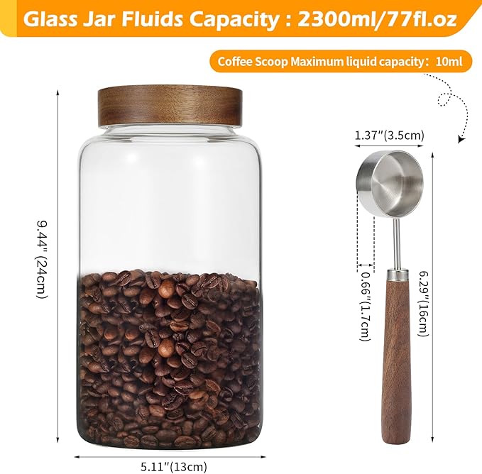 Large Glass Coffee Jars with Spoon,Round Storage Canister with Wooden Lid Clear Glass Food Jar for Pantry Sugar Tea Coffee Bean Spice Nuts Cookies Bath Salts (2300ml/77oz)
