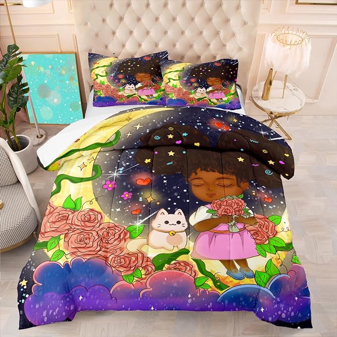 Black Girl Comforter Set Twin - 2Pcs Black Girl Twin Comforter Set for Girls, Twin Size Black Girls Bedding Set, Ultra Soft Breathable Starry Moon Prints Kids Comforter Set with 1 Pillowcase