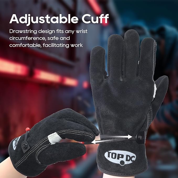 TOPDC Leather Work Gloves for Men or Women, Cowhide Leather Gloves for Gardening, Tig/Mig Welding, Chainsaw, Farm, Ranch, Reinforced Palm, Adjustable Cuff, Cotton Lining, Firm Grip & Durable, XL