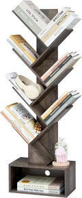 Hoctieon 6 Tier Tree Bookshelf, Tall Bookcase with Drawer, Freestanding Book shelf, Display Floor Standing Storage Shelf, Book Organizer Shelves for Home Office, Living Room, Bedroom, Grey