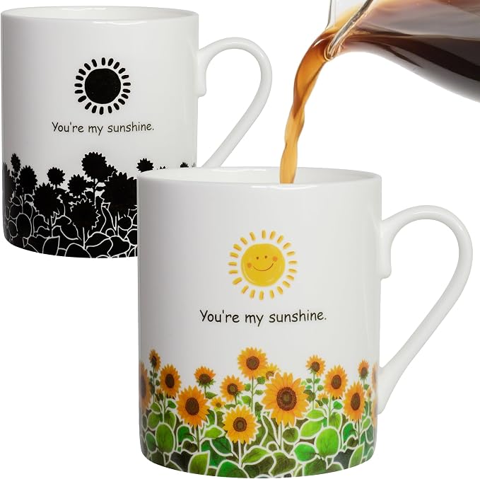 Lovfit Sunflower Color Changing 12oz Ceramic Coffee Mug | Heat Sensitive You are My Sunshine Cup, Sunflower Birthday Gift for Women Friends Family, Home Office Use