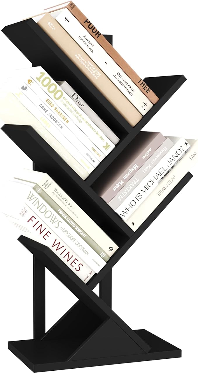 Yusong Tree Bookshelf, 5-Tier Small Bookcase with Metal Frame, Geometric Floor Standing Books Shelves Wooden Shelf for Office Desk Bedroom Tabletop Living Room Black