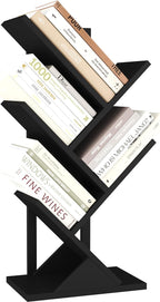 Yusong Tree Bookshelf, 5-Tier Small Bookcase with Metal Frame, Geometric Floor Standing Books Shelves Wooden Shelf for Office Desk Bedroom Tabletop Living Room Black