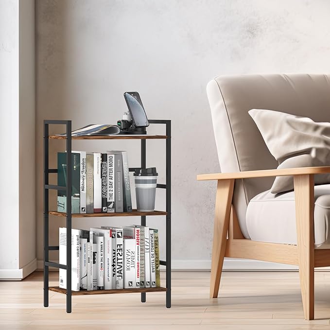 CADUKE 3 Tier Bookshelf Industrial Small Bookcase Wood and Metal Book Shelf Rustic Etagere Bookshelf Brown Bookshelves with Storage for Home Office Living Room Bedroom