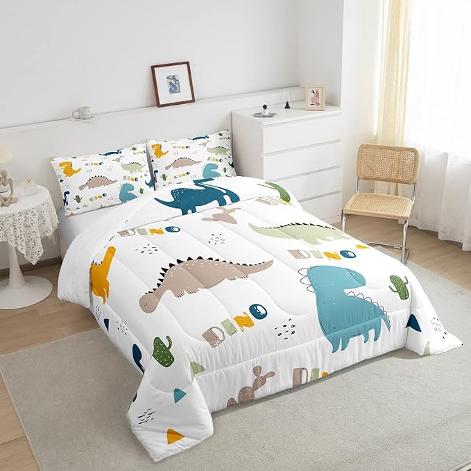 Feelyou Cute Dinosaur Comforter Set Cartoon Cactus Bedding Set Decor Jungle Dino Boho Succulent Comforter Wild Animal Pattern Yellow Grey Duvet Set Bedroom Quilt Set 3Pcs King
