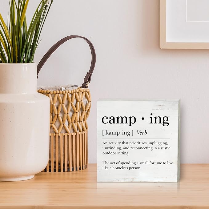 Funny Camping Definition Wood Box Sign Home Decor Rustic Camping Wooden Box Sign Block Plaque for Wall Desk Decoration